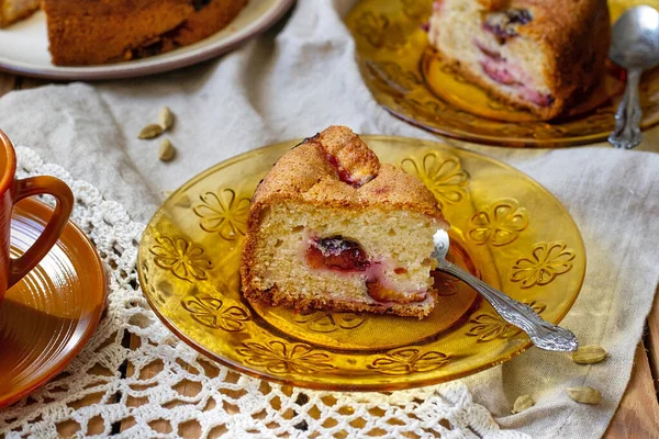 Traditional Finnish cardamom tea cake baked with plums