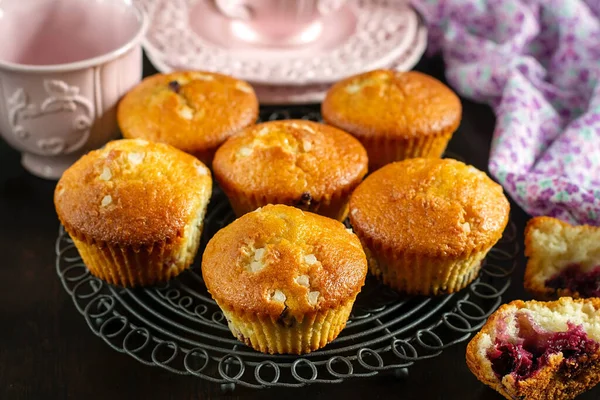 Zelfgemaakte Zoete Fruit Muffins Met Zwarte Bessen Cassis Stockfoto