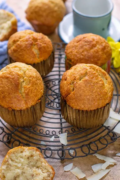Sweet banana bread muffins with shredded coconut for dessert