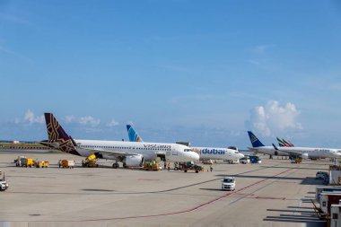 Pistte Vistara uçağı, bir Flydubai jeti ve diğer havayolu şirketleri de dahil olmak üzere çeşitli uçakların bulunduğu yoğun bir havaalanı sahnesi. Yer ekibi ve araçlar açık mavi gökyüzünün altında uçaklara hizmet ederken görüldü..