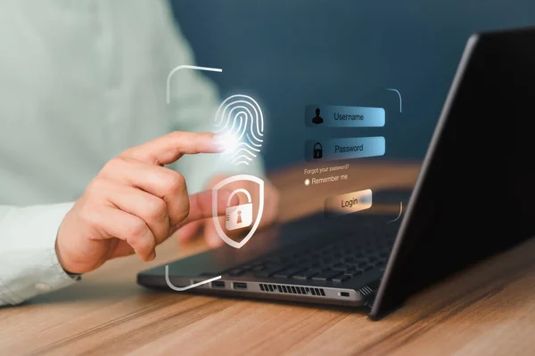 Man Login Fingerprint Scanning Technology Computer Secure Encryption Access User — Stockfoto