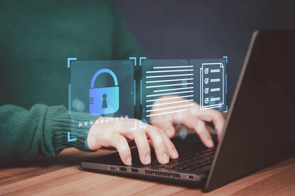 コンピュータのラップトップにログインします 暗号化を保護し インターネットにアクセスするためにユーザーの個人情報にアクセスします サイバーセキュリティとハッカーからのデータ保護 デジタル犯罪の概念 — ストック写真