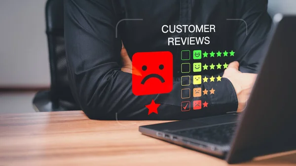 Unhappy man client with angry emotion face on virtual screen, Bad review, dislike service and quality, low rating, social media not good. Business service concept of customer experience dissatisfied.