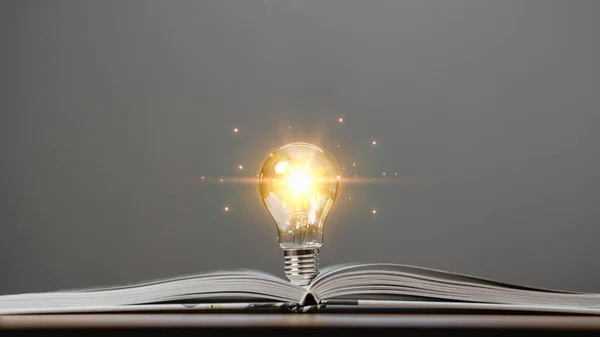 Светящаяся Лампочка Креативностью Мерцает Огнями Книге Идеи Вдохновения Чтения Концепция — стоковое фото