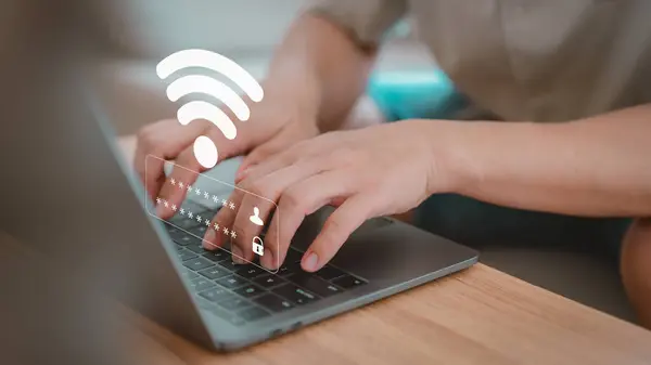 User use a computer laptop to connect to wifi in hotel, but wifi password is incorrect. Working and waiting to loading digital data form website, concept technology of waiting for connect to Wi-Fi.