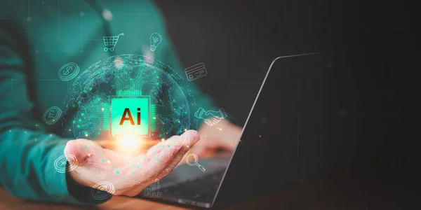 Financial management and digital smart AI learn and Artificial Intelligence. Business, modern technology, internet of things. Technology and people use AI to help work. AI technology in everyday life.