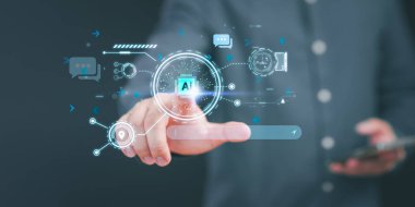 Teknolojik akıllı robot yapay zekayla erkek eli dokunuşu. Enter tarafından gelen yapay zeka bir şey üretiyor, fütürist teknoloji dönüşümü. Yapay Zeka 'dan Chatbot Sohbeti.