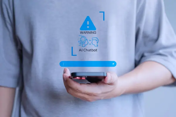 Chat with application AI, Artificial Intelligence. User using smartphone chatting with smart AI, apps artificial intelligence chatbot with triangle caution warning sign for notification error.