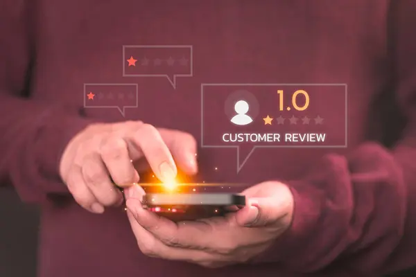 Customer review and feedback with rate 1 star on virtual screen. Assessment testimonial review for dislike service and low quality. Business concept of customer experience dissatisfied by smartphone.