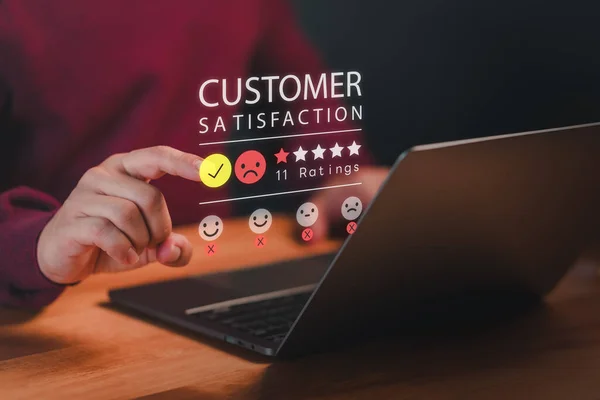 Customer use a laptop give angry emotion face on virtual screen for feedback review satisfaction service opinion and testimonial on application. Online customer review satisfaction feedback survey.
