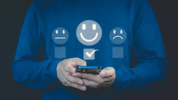 Customer review and feedback with smile face icon to give satisfaction in service. Online review concept of assessment testimonial customer service and feedback, Opinion rating very good.
