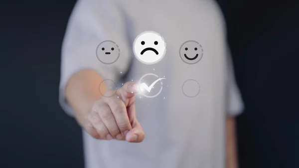 Customer give point for service with angry emotion face on virtual screen, bad review, client dislike service and quality, low rating, social. Business testimonial of customer experience dissatisfied.