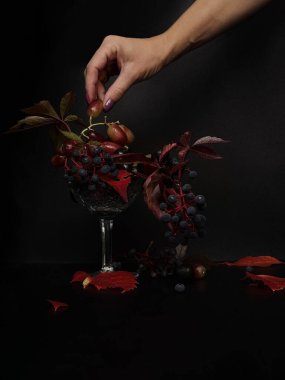 Bir kadının eli üzüm alır.