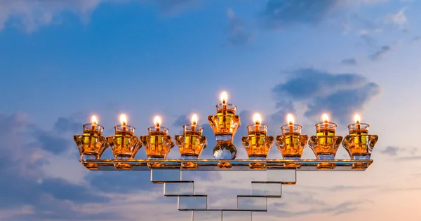 Close Crystal Festive Menorah Burning Candles Olive Oil Symbol Hanukkah — Stock Photo, Image