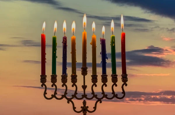 Burning Festive Candles Traditional Symbols Hanukkah Holiday Light Selective Focus — Stock Photo, Image