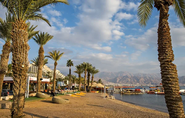 Morning Sandy Beach Red Sea Eilat Famous Tourist Resort Recreational — 스톡 사진