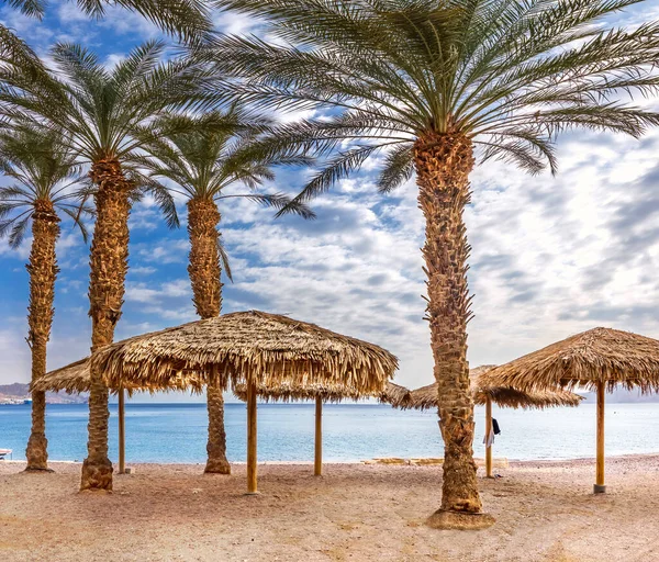 Zona Recreo Con Sombrillas Playa Arena Eilat Famoso Complejo Turístico —  Fotos de Stock