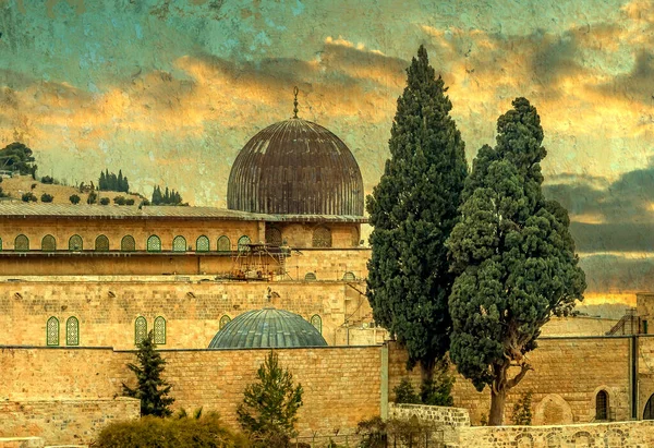 エルサレムの旧市街からアル アクサ モスク オリーブ山を眺めることができます イメージは ヴィンテージとレトロなスタイルのインスピレーションのためにデジタルトーンだった — ストック写真