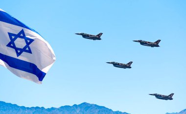 Composite image with State Flag of Israel and overflight military modern fighters over mountains in Negev desert during Independence Day  clipart