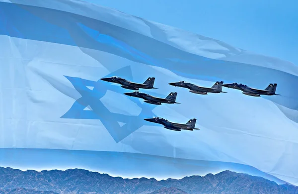 Immagine Composita Con Bandiera Stato Israele Sorvolo Dei Moderni Combattenti Immagine Stock