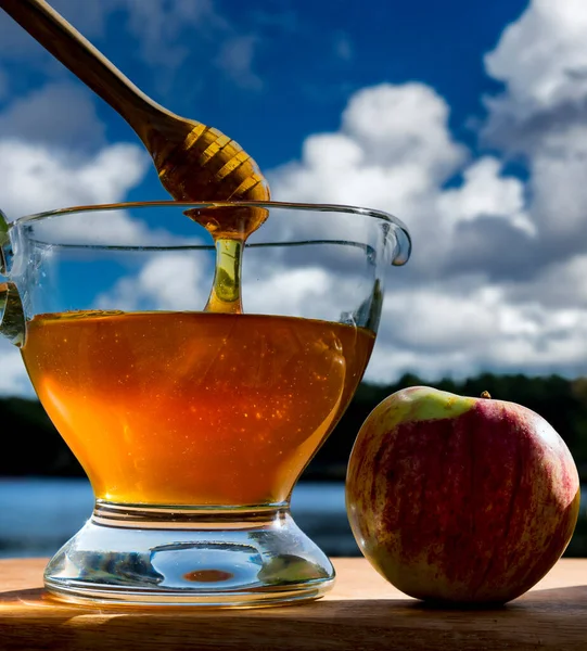 Close Jar Jug Honey Apple Main Symbols Jewish New Year — Stock Photo, Image
