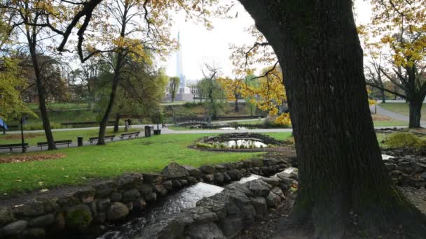 Mała Kaskada Dekoracyjna Starym Parku Publicznym Sezonie Złotej Jesieni — Wideo stockowe