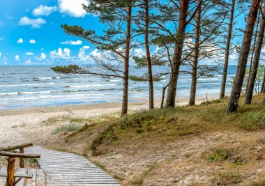 Jurmala 'nın kumlu plajı. Riga Körfezi' nin kıyısındaki ünlü turist beldesi ve çam ormanı. Kum plajları dinlenmek ve dinlenmek için 26 km 'den fazla kıyı şeridini ve güzel yerleri kapsıyor. Yapay zeka araçları kullanılmadı