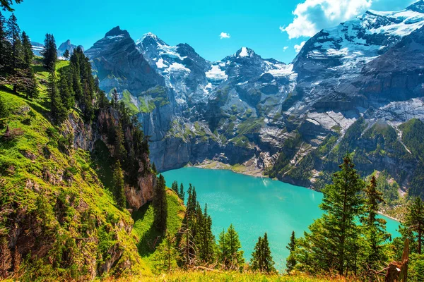 Beautiful Magical Landscape Lake Oeschinensee Swiss Alps Adelboden Switzerland Europe — Stock Photo, Image