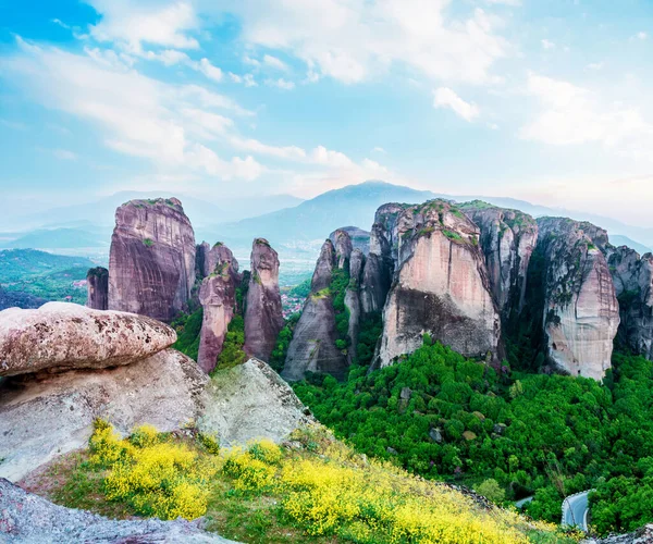 stock image magnificent magical landscape in the famous valley of the Meteora rocks in Greece at sunset. Great amazing world. Attractions.