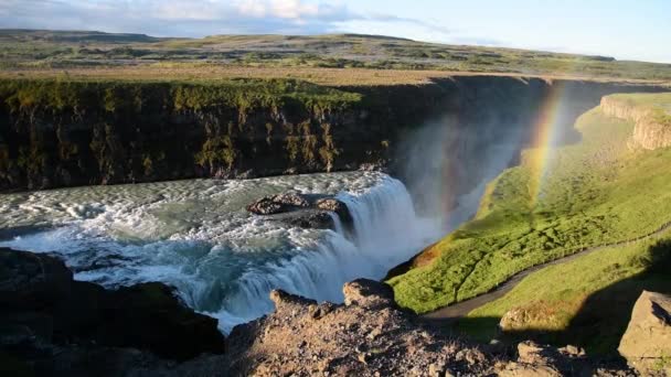 Магічний Чарівний Яскравий Барвистий Пейзаж Відомим Водоспадом Ґульфосс Світанку Ісландії — стокове відео