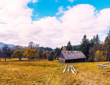 Sonbaharda Karpat Dağları 'nda terk edilmiş bir evi olan nefes kesici bir manzara..