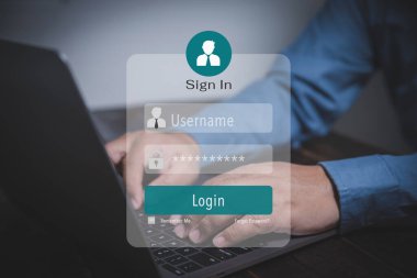 Veritabanının güvenliğini sağlayın. İşadamı özel giriş için kullanıcı adı ve şifresiyle bir dizüstü bilgisayar kullanıyor. Özel verileri korumak için kullanıcı adı ve parolaya göre giriş sistemi. 