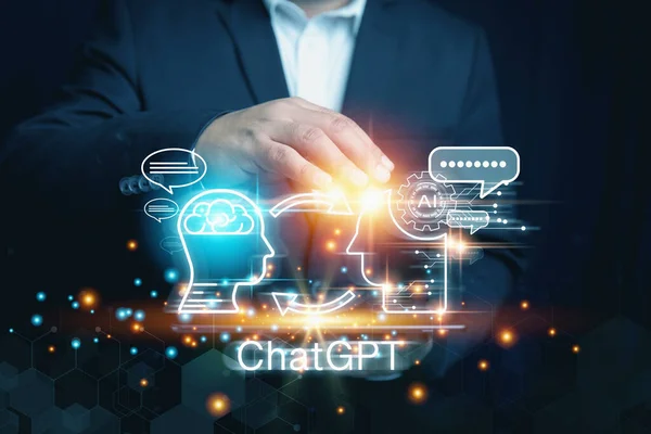 In the future, communication, questions, and answers will use artificial intelligence. New smart technology in the future support the business online. Businessman use technology ChatGPT for business.