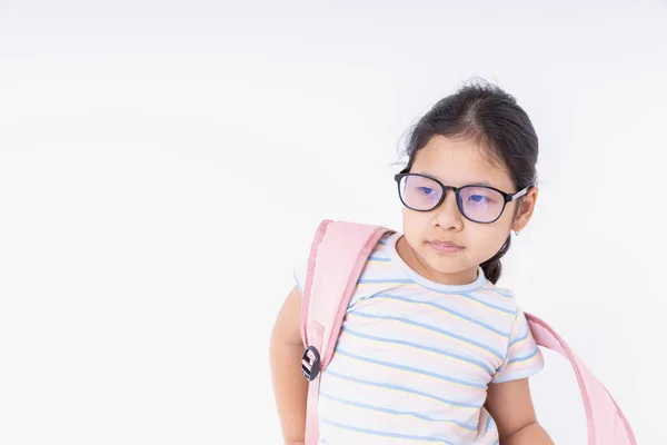 Asijské Děti Dívka Nosí Brýle Růžovými Batohy Učit Škole Izolované — Stock fotografie