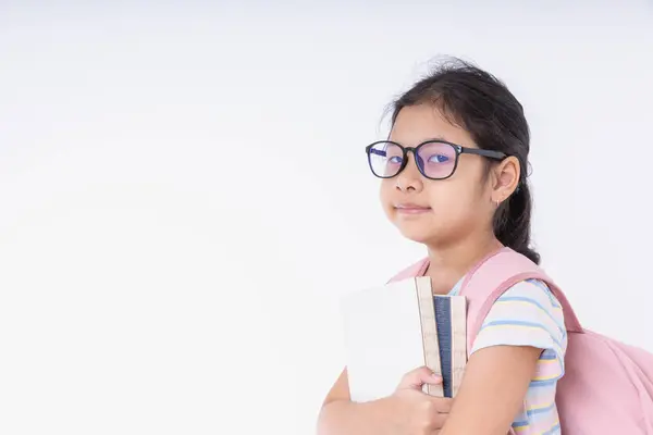 Velmi Roztomilá Asijská Dívka Nesoucí Růžový Batoh Zpět Školy Studovat — Stock fotografie