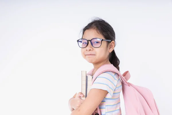 Asien Barn Flicka Bär Glasögon Med Rosa Ryggsäckar Lära Sig — Stockfoto