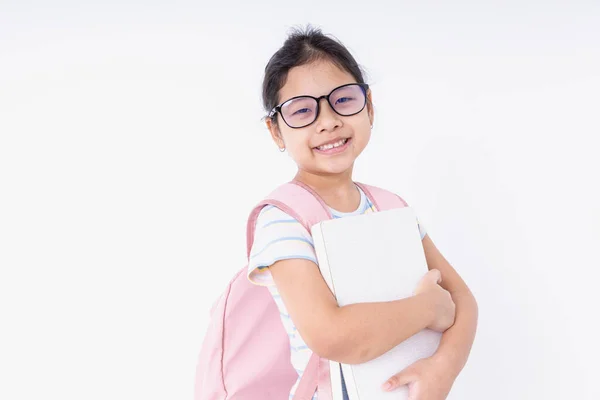 Ασία Παιδιά Κορίτσι Χαμόγελο Ευτυχία Φορώντας Γυαλιά Ένα Ροζ Σακίδιο — Φωτογραφία Αρχείου