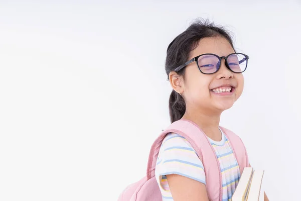 Ασία Παιδιά Κορίτσι Χαμόγελο Ευτυχία Φορώντας Γυαλιά Ένα Ροζ Σακίδιο — Φωτογραφία Αρχείου