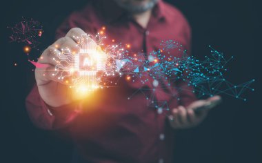 Teknoloji yapay zekası, yapay zeka devre kartı elektronik. Yenilik asistanı, geliştirme işleri için veri tabanını geleceğe saklar. İş adamı yapay zeka sanal ekran Copr alanına dokunuyor.