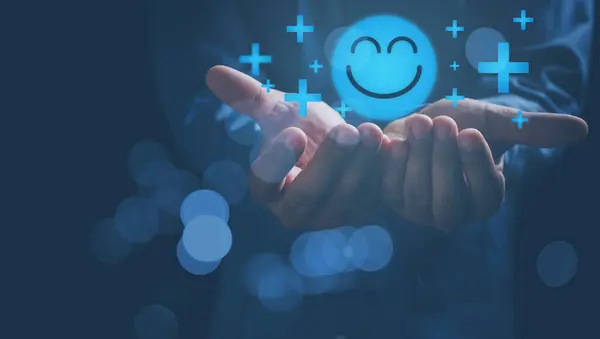 Salud Mental Pensamiento Positivo Mentalidad Crecimiento Manos Sosteniendo Azul Sonrisa Imagen De Stock