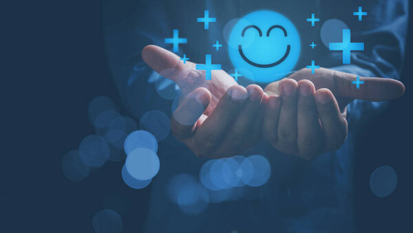 Mental Health Positive Thinking Growth Mindset Hands Holding Blue Happy Stock Picture