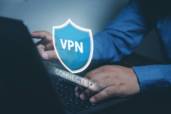 Vpn Virtual Private Network Concept Businessman Use Laptop Virtual Screen Stock Picture