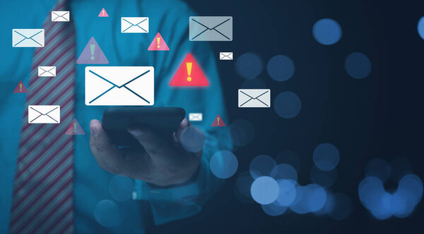 Businessman Holding Smartphone Alert Email Inbox Spam Virus Warning Caution Stock Image