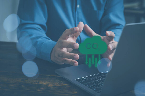 Businessman Holding Co2 Reducing Icon Decrease Carbon Dioxide Emission Carbon Royalty Free Stock Images