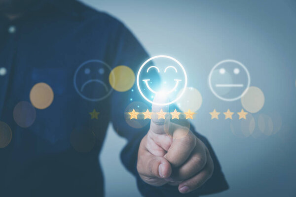 Customer Feedback Evaluation Satisfaction Concept Businessman Touching Five Golden Stars Royalty Free Stock Images