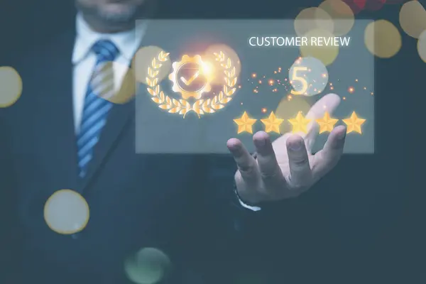 Businessman Holding Showing Best Quality Customer Service Assurance Golden Five Royalty Free Stock Images