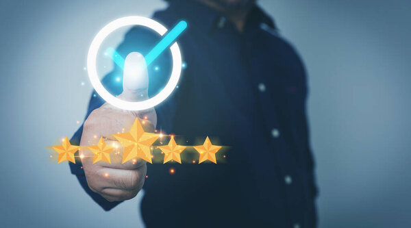Customer Satisfaction Concept Businessman Touching Five Glowing Golden Stars Customer Stock Photo