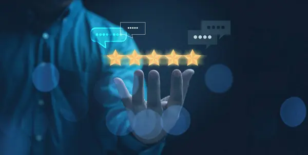 Customer Satisfaction Concept Businessman Holding Five Glowing Golden Stars Feedback Stock Picture