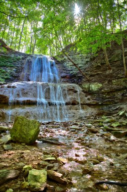 The vertical landscape of a waterfall with lens flare