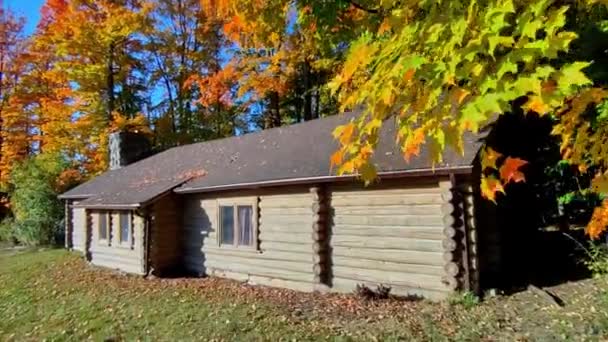 Building Exterior Wooden Log Cabin Autumn Leaf Colour — Stock Video
